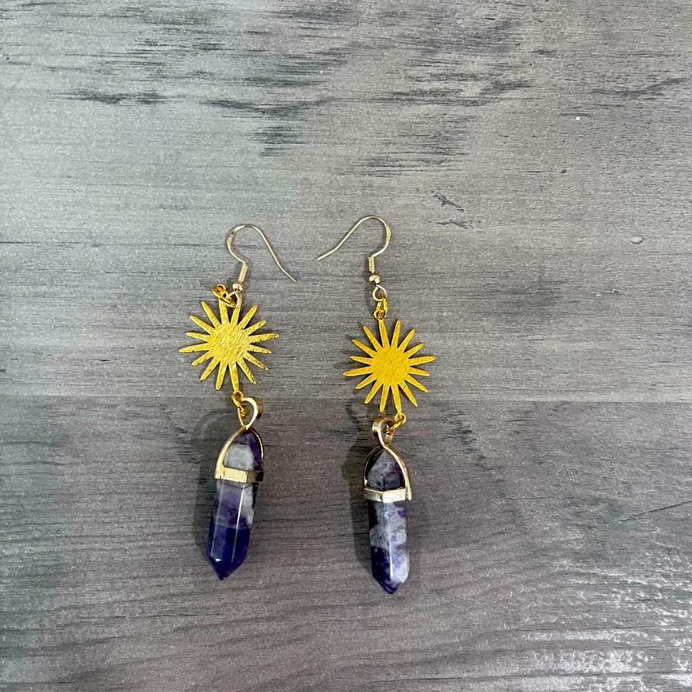 Gold Plated Amethyst Crystal Sunburst Earrings